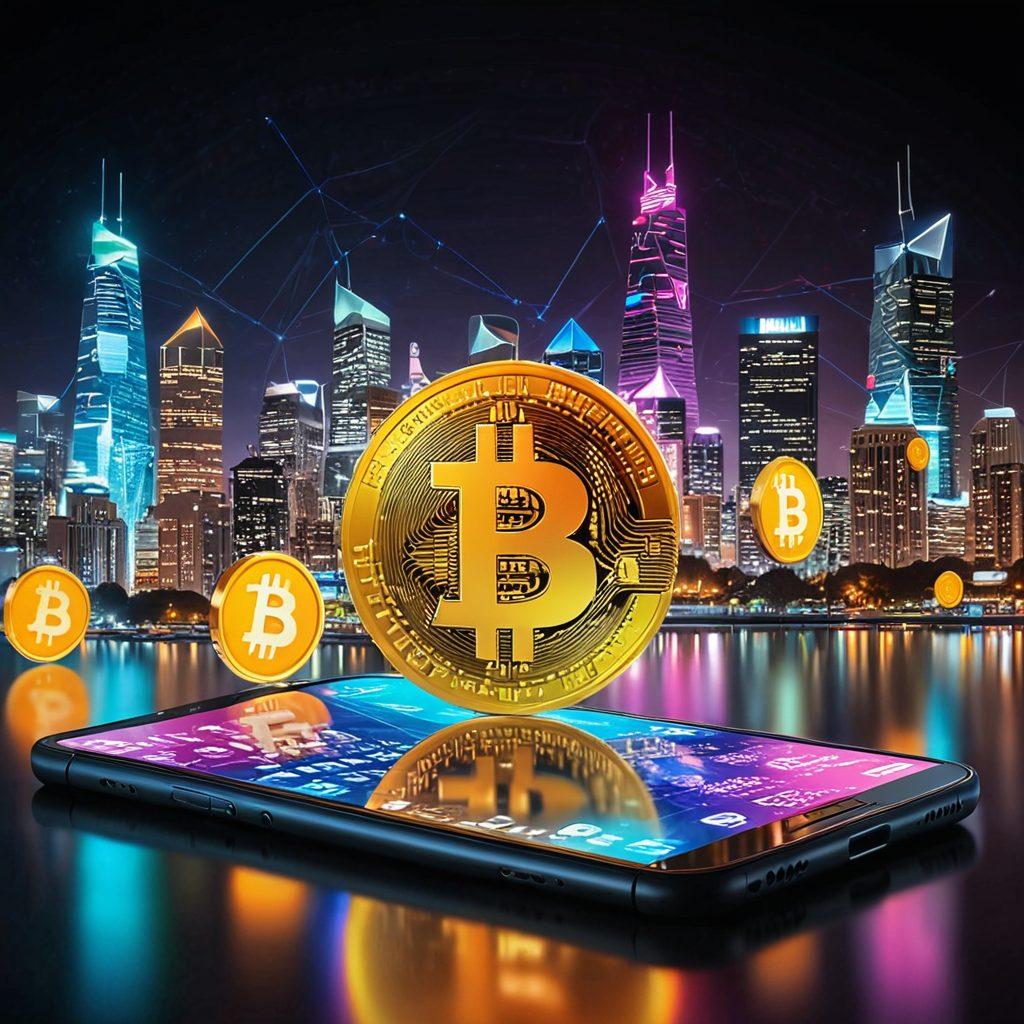 A visually striking blend of modern smartphones displaying secure payment apps in action, surrounded by vibrant digital currency symbols like Bitcoin and Ethereum. The background features a futuristic city skyline illuminated by colorful holographic ads promoting digital transactions. Include elements of security, such as a glowing shield icon, to emphasize safety in payments. super-realistic. vibrant colors. 3D.