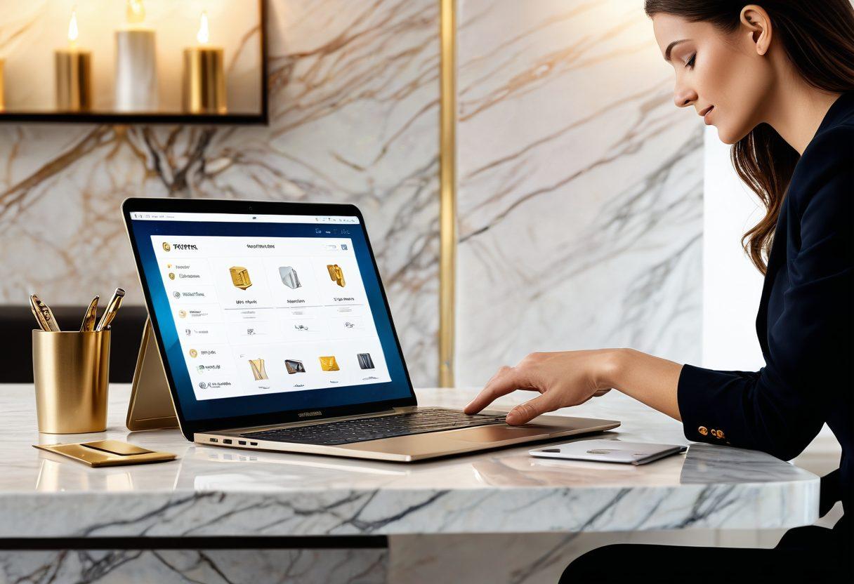 A sleek, modern online shopping interface showcasing elegant payment options such as digital wallets and credit cards, set against a backdrop of luxurious materials like marble and gold. Incorporate a customer seamlessly completing a transaction on a stylish laptop, with a sense of satisfaction and convenience. Add subtle hints of technology, like glowing payment icons, to emphasize innovation. super-realistic. vibrant colors. clean background.